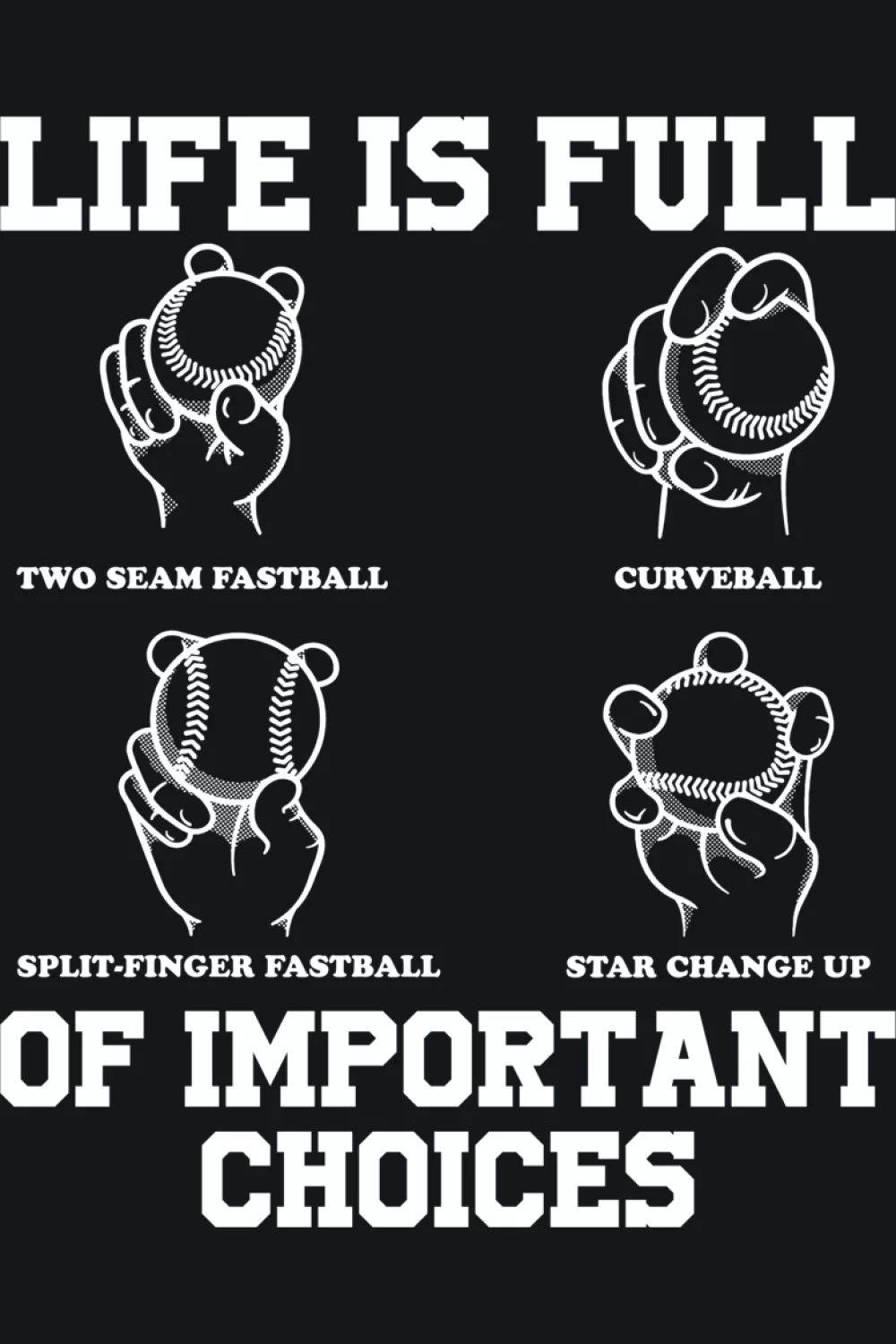 Life Is Full Of Important Choices Baseball Pitcher Shirts: Types Of Pitches For Fans And Players 38 Funny life is full of important choices design with different pitch grips.