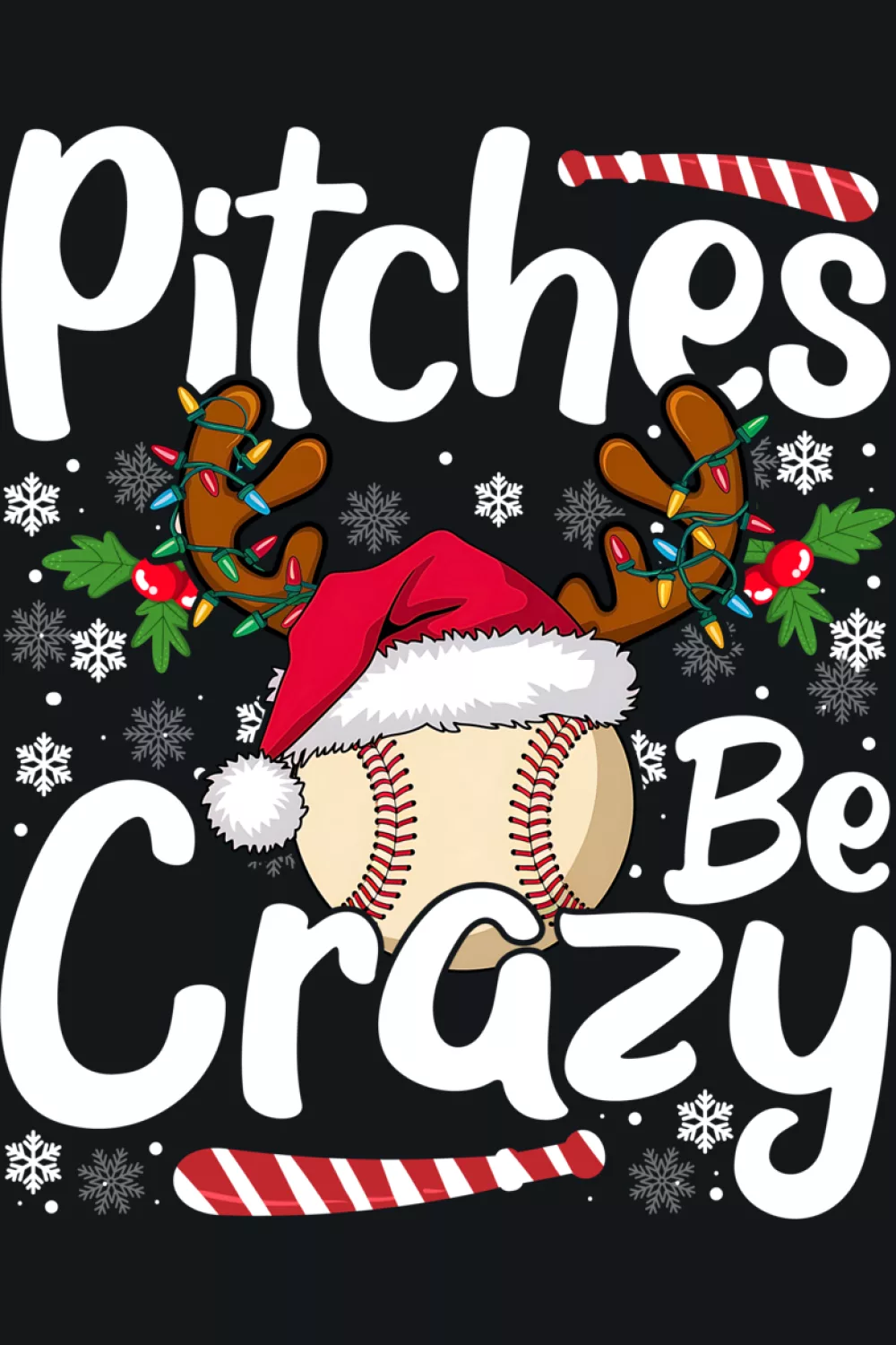Pitches Be Crazy baseball Christmas shirt with Santa hat and string lights.