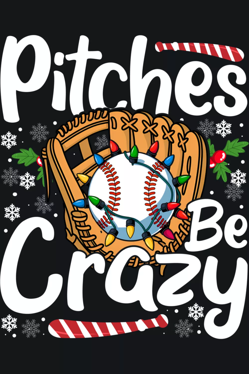 Pitches Be Crazy Christmas shirt with baseball, Santa hat, and lights.