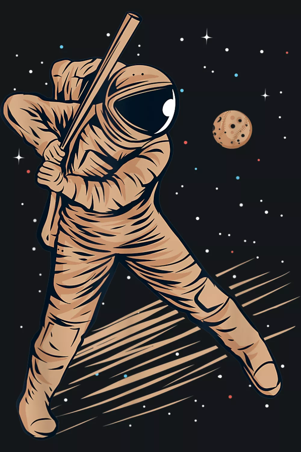 Funny vintage astronaut playing baseball in outer space theme for men with retro colors.
