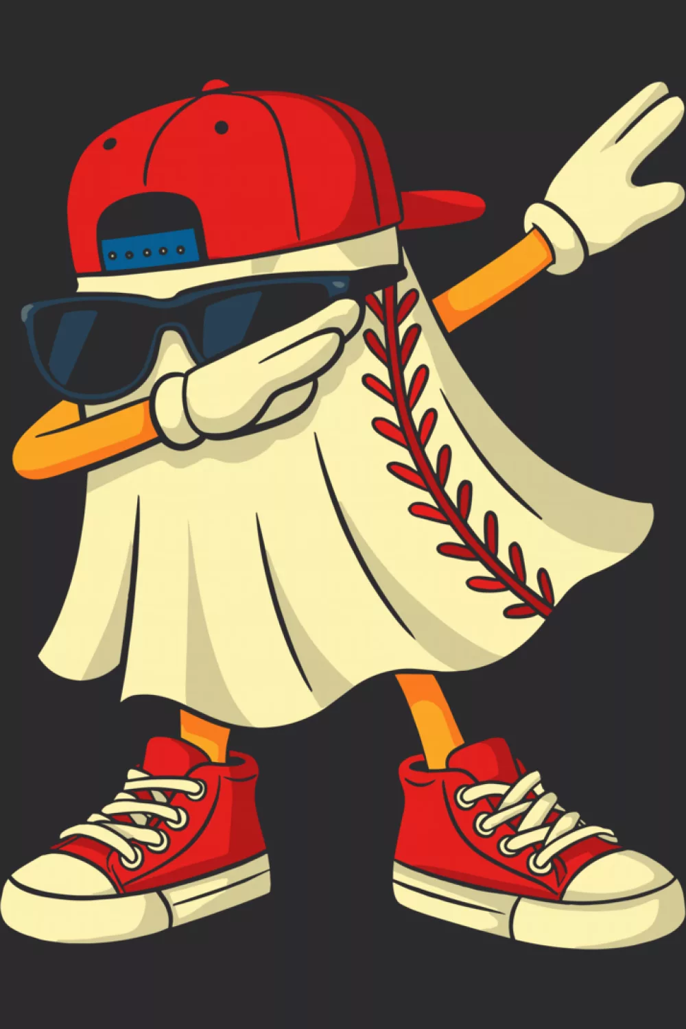 Baseball character in ghost sheet costume lifting one arm in a dab