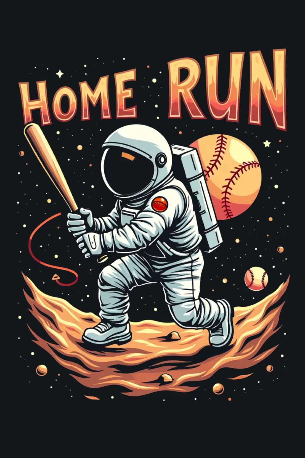Home run astronaut baseball player theme for boys, kids, and men with celebratory space sports vibe.