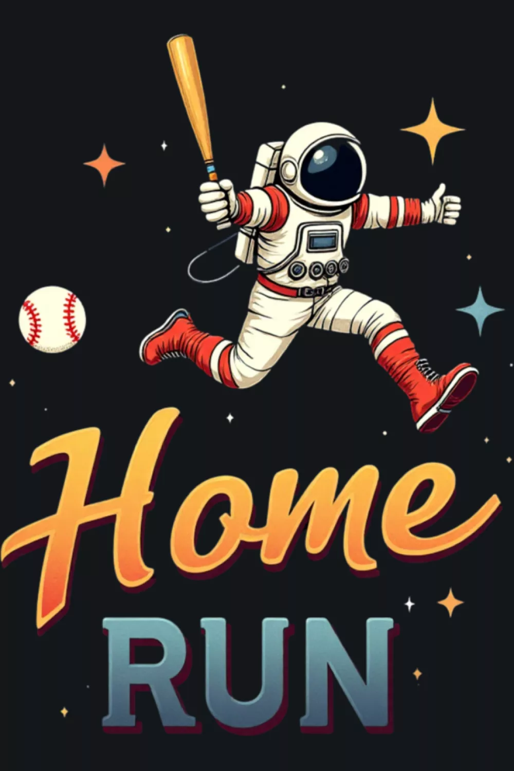 Astronaut hitting a baseball home run theme with strong action pose and space backdrop.