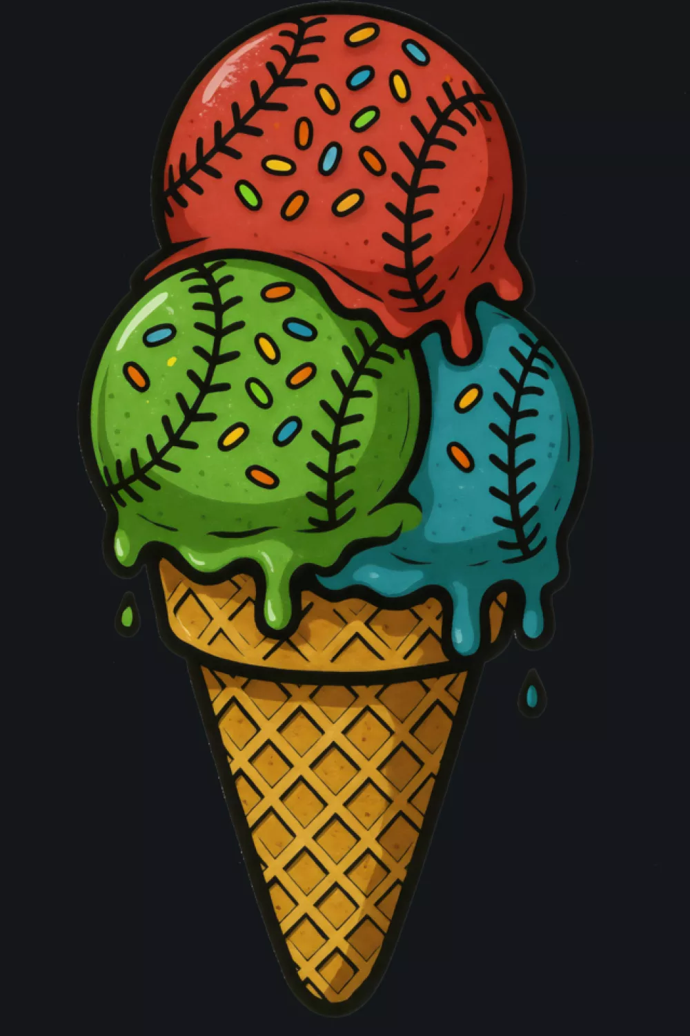 fun baseball ice cream cone with soft watercolor splashes for kids and summer sports fans