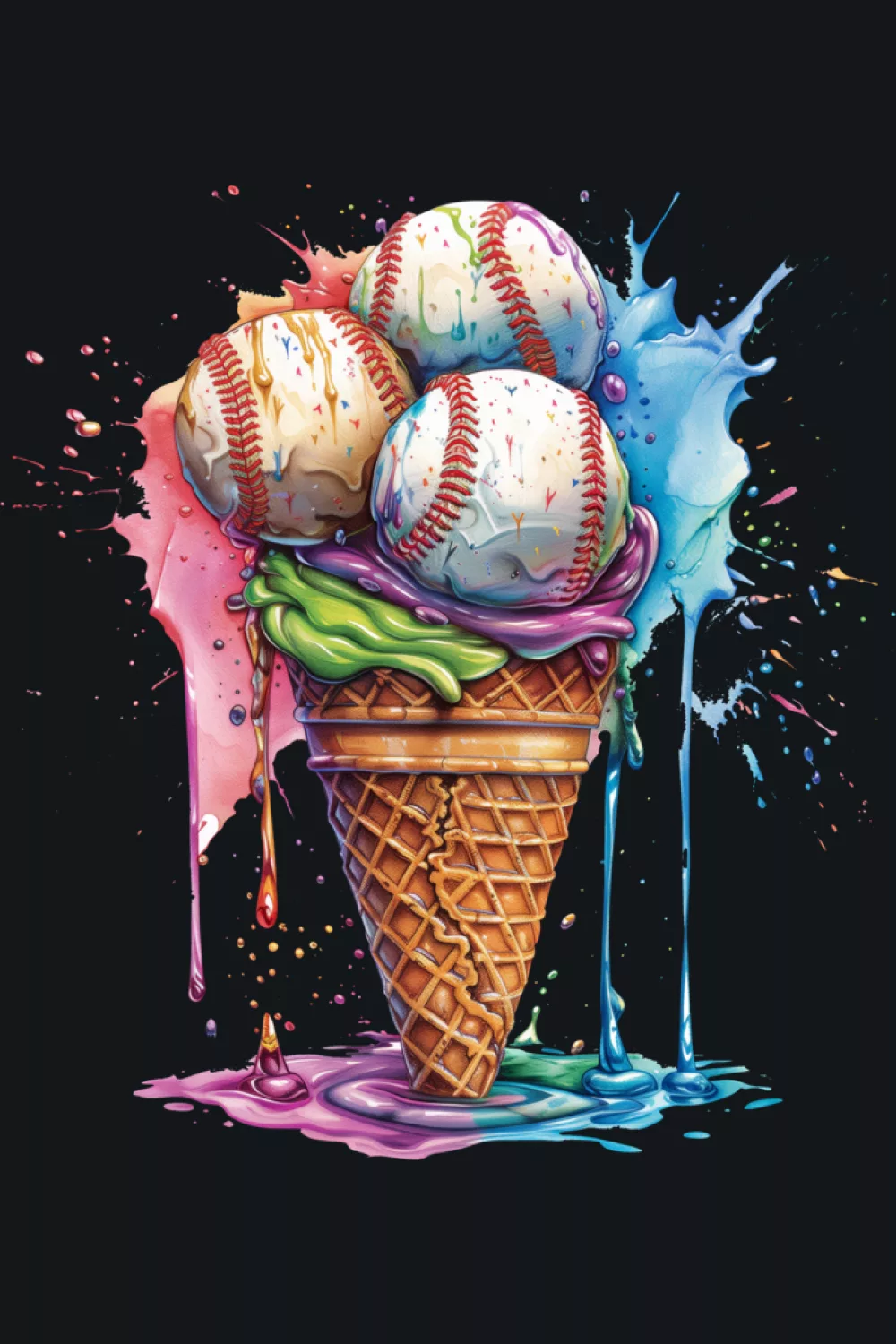cute ice cream cone character holding baseballs with sweet drips and bright accents