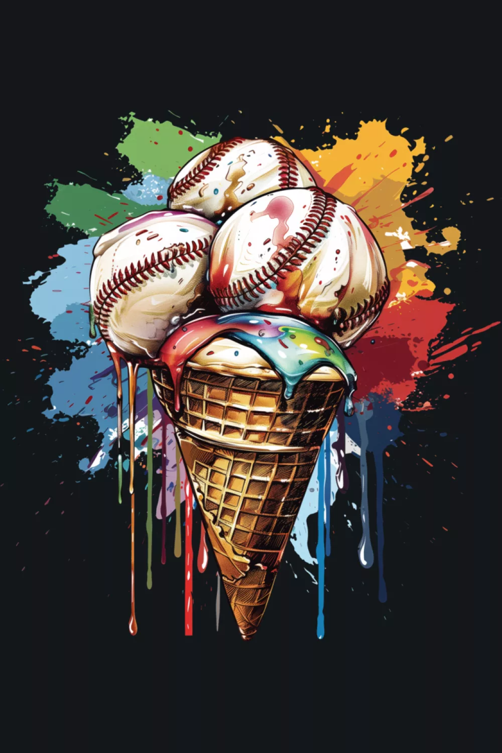 adorable baseball ice cream cone character with drips and cheerful summer colors