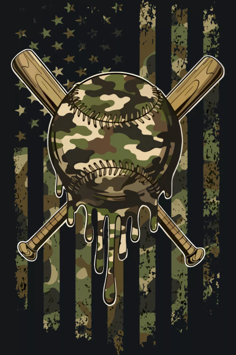 Camo baseball emblem with flag inspired background and melting scoop