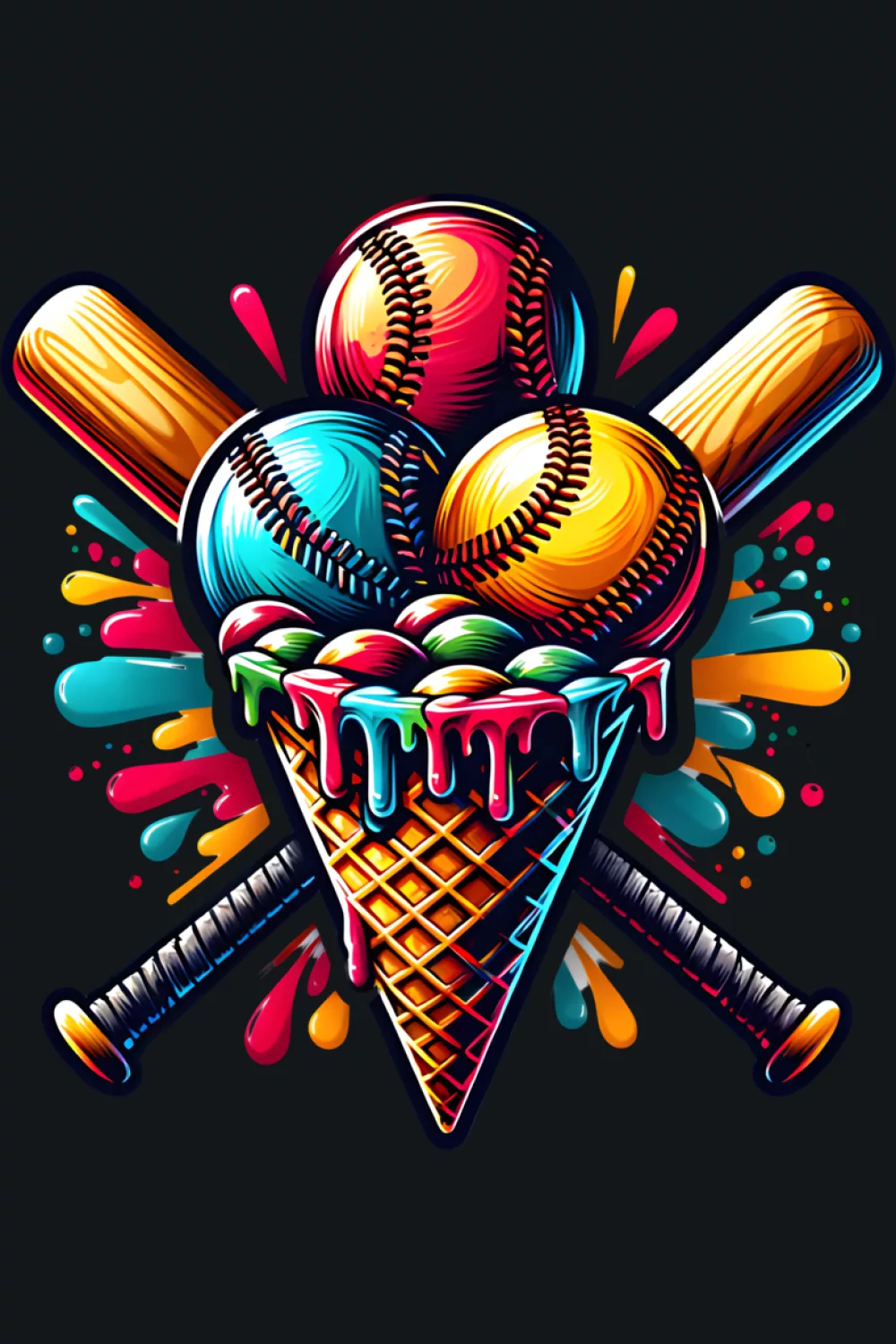 triple scoop baseball ice cream cone with bold splashes and a high energy summer fan feel