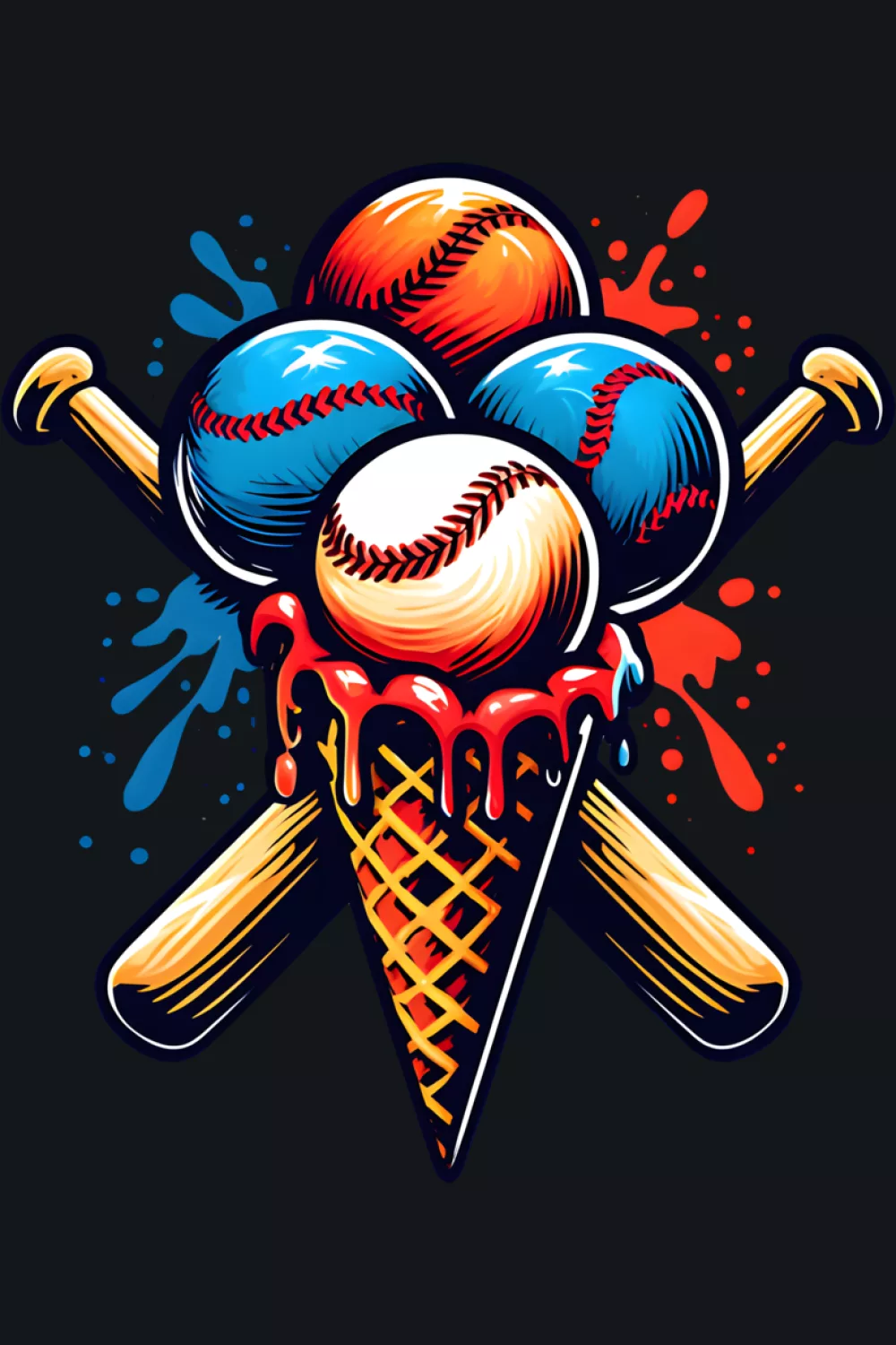 Dripping Baseball Ice Cream Cone Shirt Ideas featuring a triple scoop baseball cone with bright splashes and sprinkles.