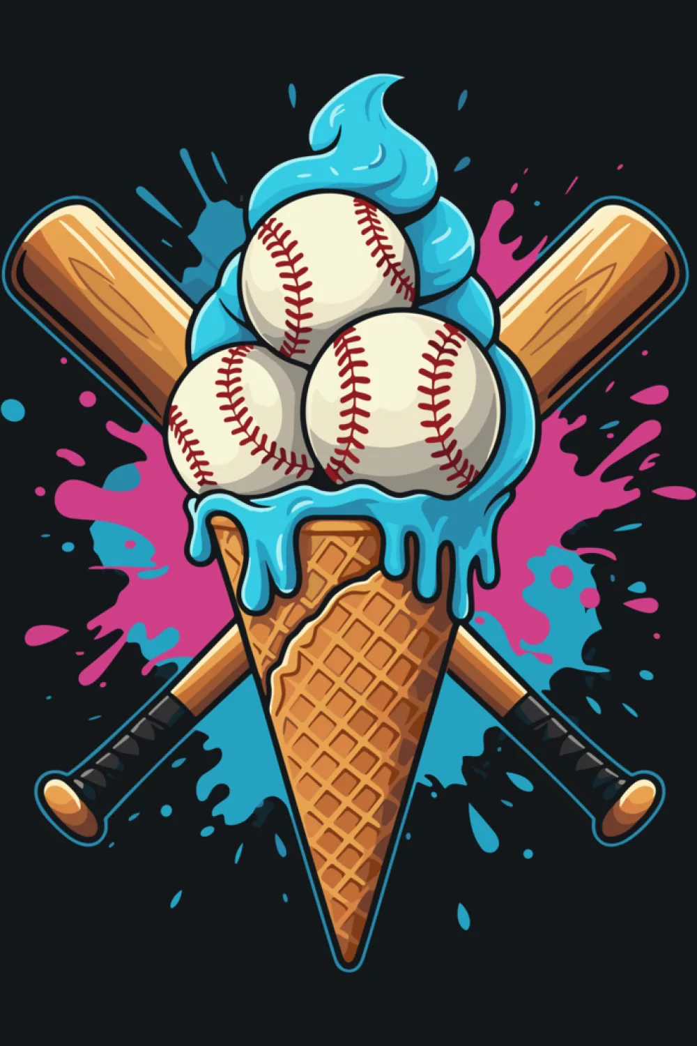 baseball ice cream cone with dripping scoops and crossed bats for a sporty summer vibe