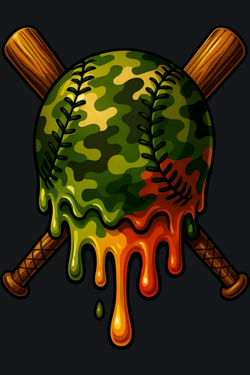 Round camo drip emblem with bright scoop and army inspired palette