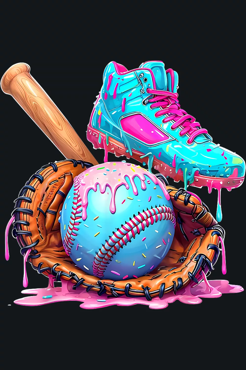 Glove and bat with neon drip and sprinkle dots