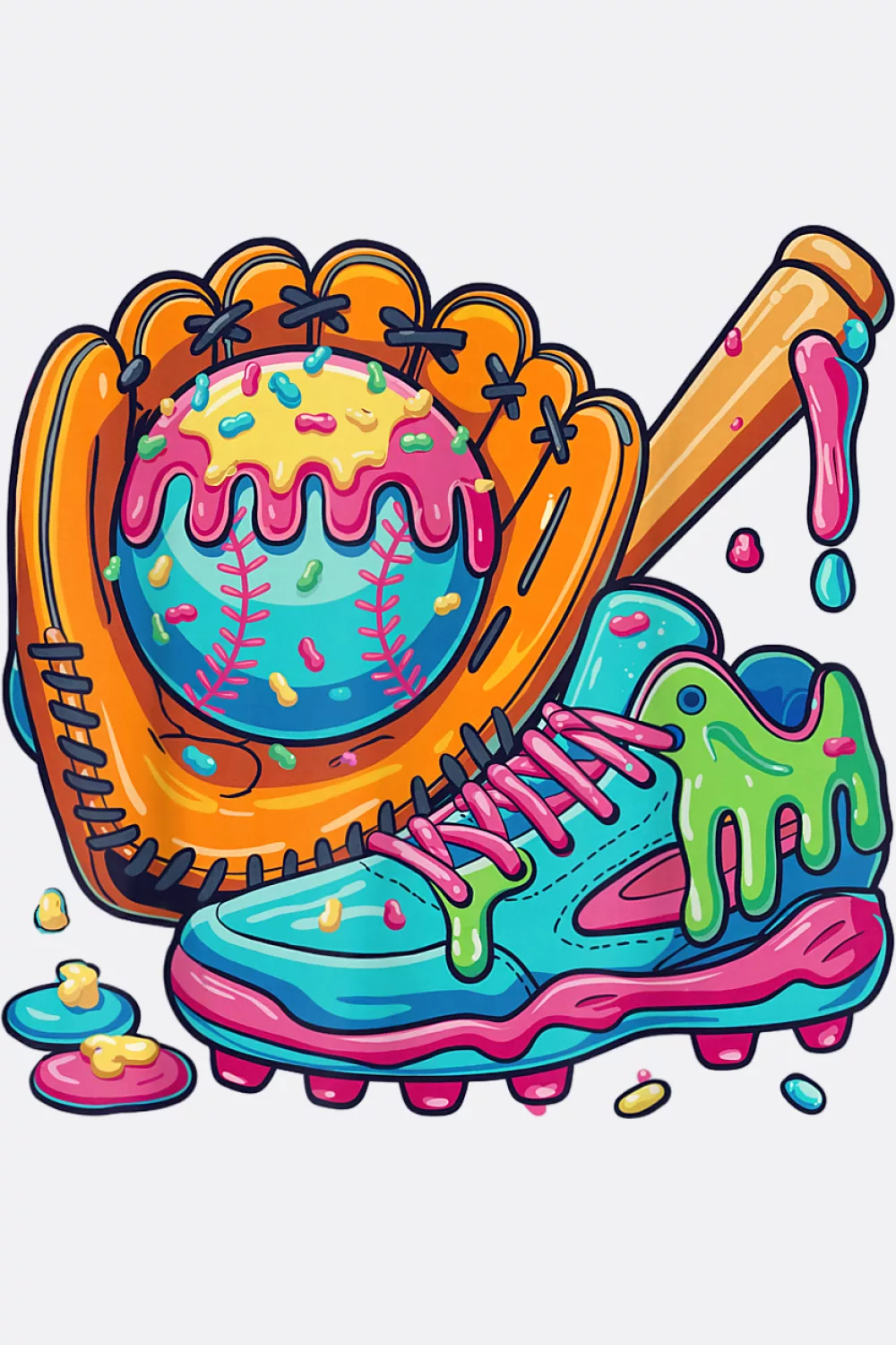 Youth glove and bat with drip rainbow