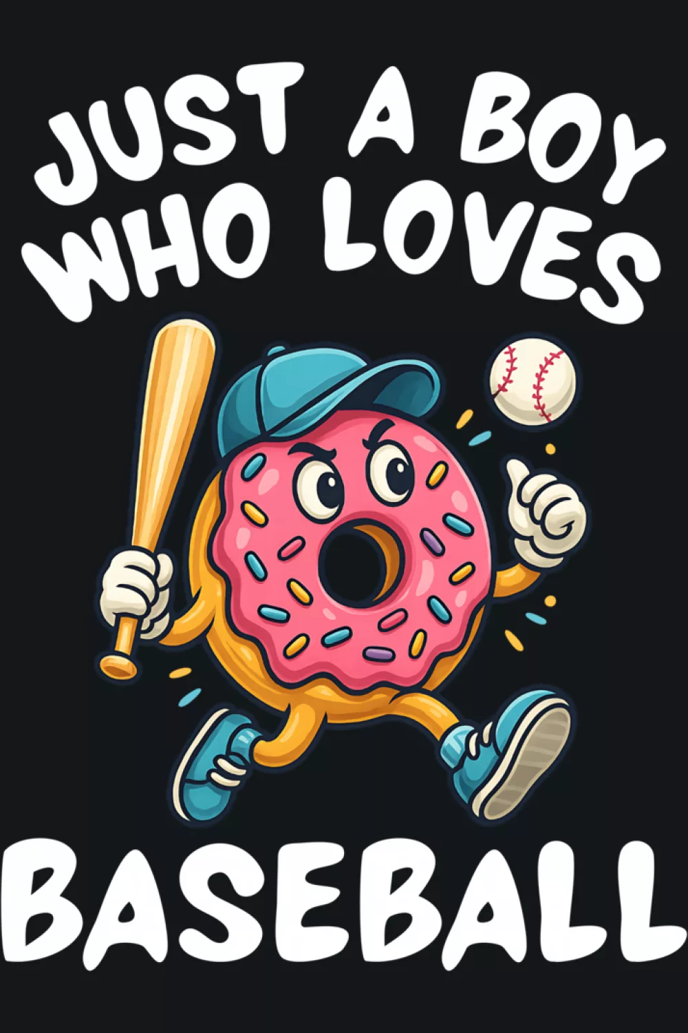 Playful baseball art with a whimsical donut character