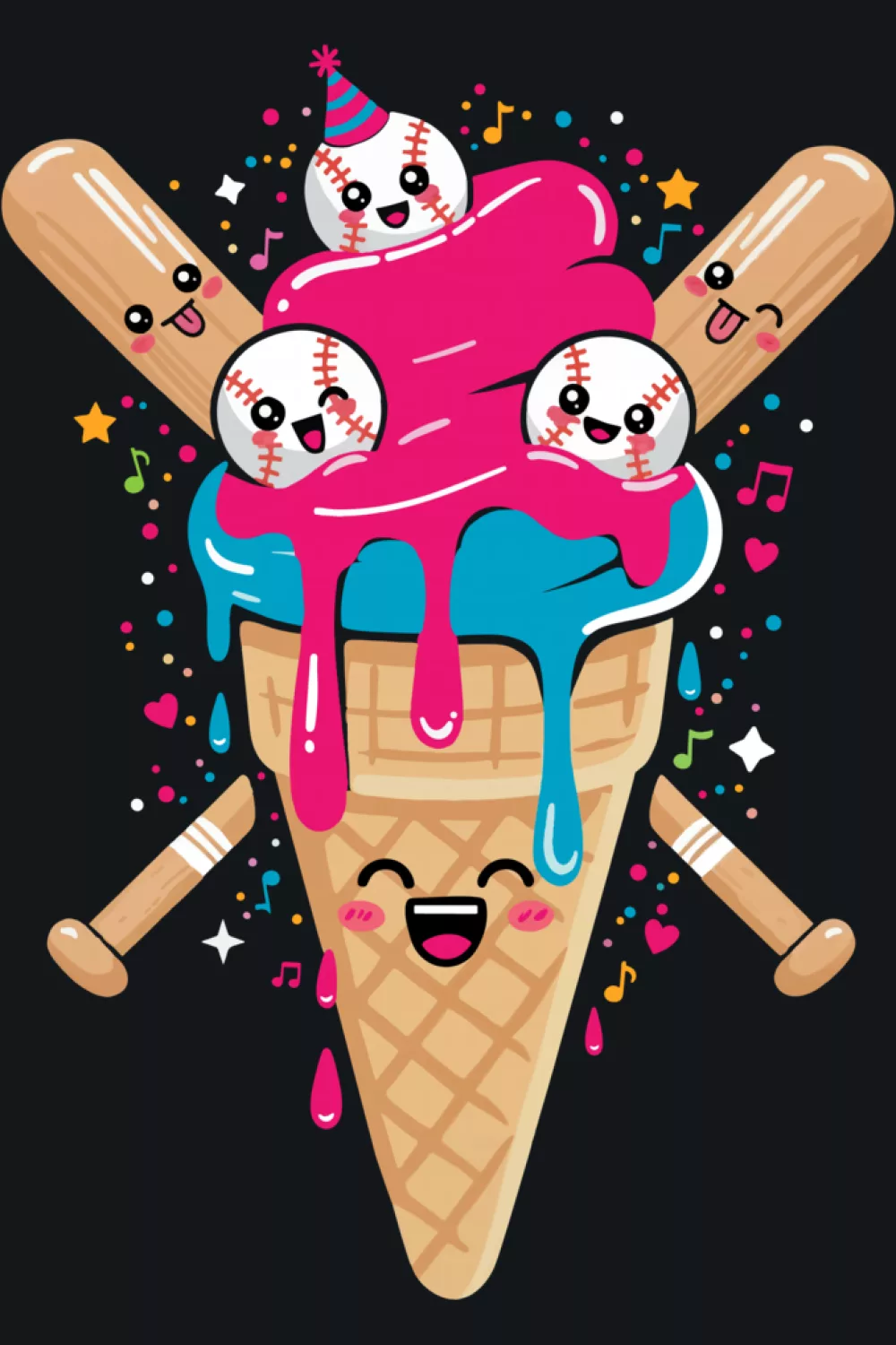 kawaii baseball ice cream cone with cute colors and sweet drip style
