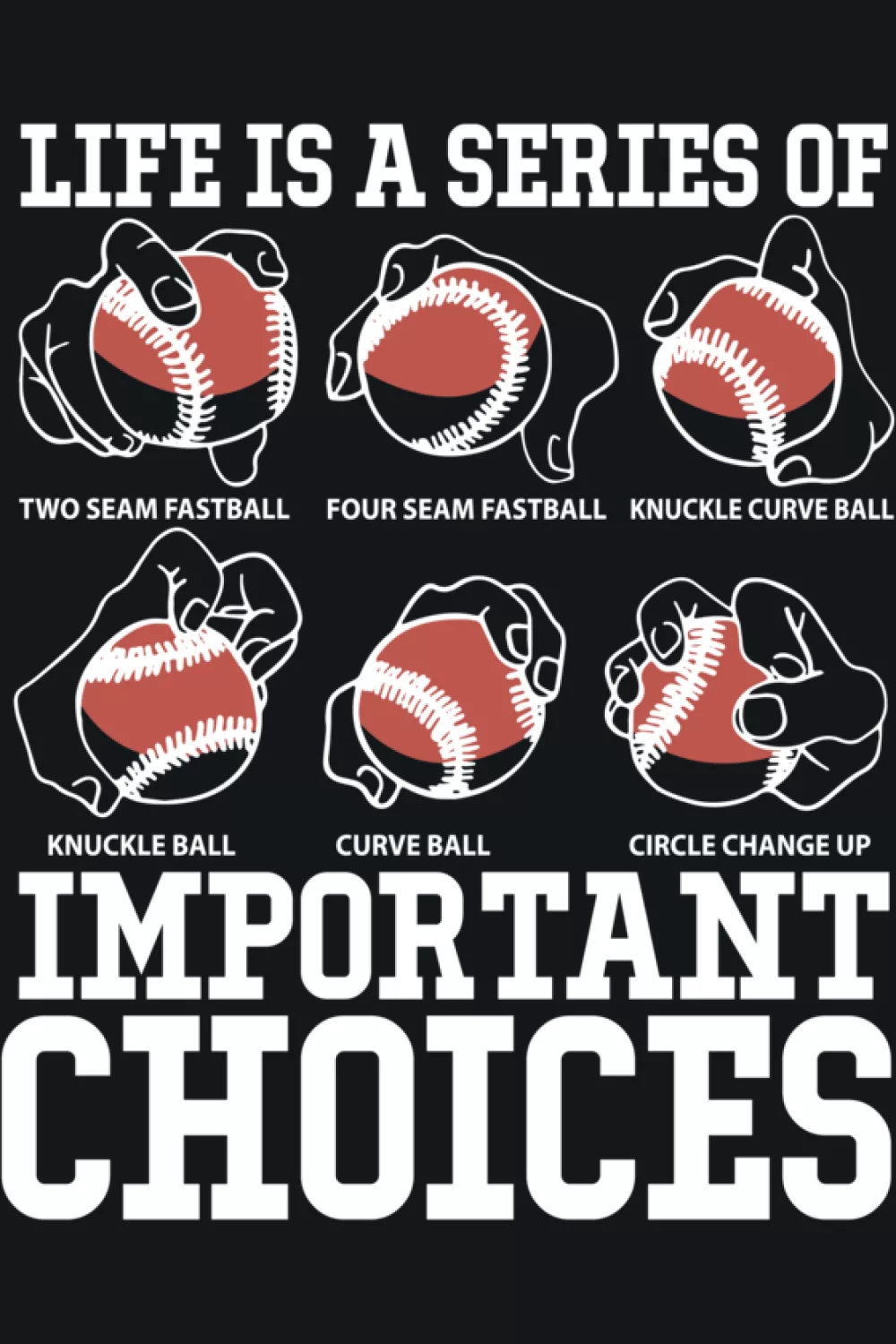 Life Is Full Of Important Choices Baseball Pitcher Shirts: Types Of Pitches For Fans And Players 44 Grid of baseballs and gloves with important choices text for pitchers.