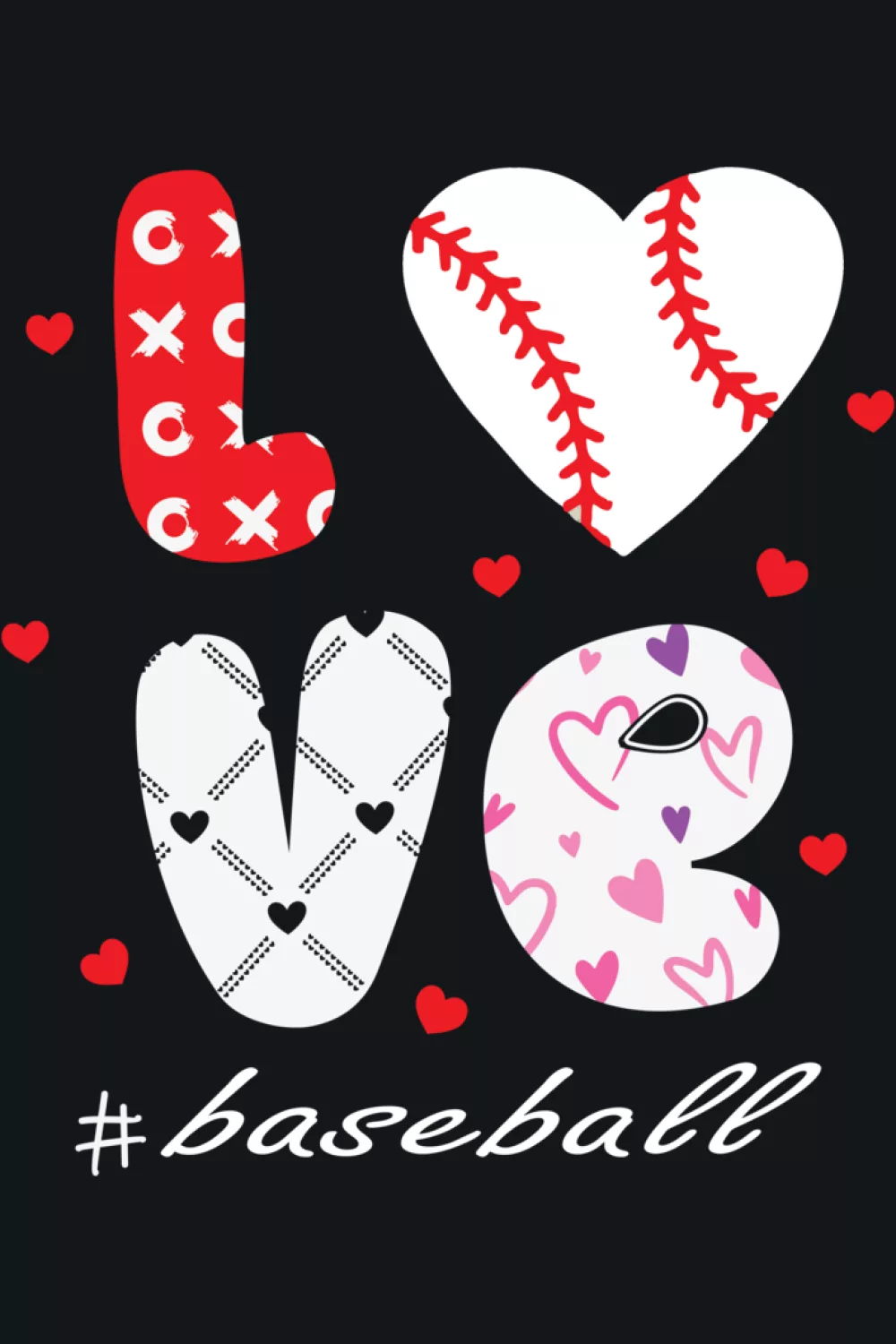 Funny love baseball sport hearts graphic with playful red hearts and sporty Valentine vibe.