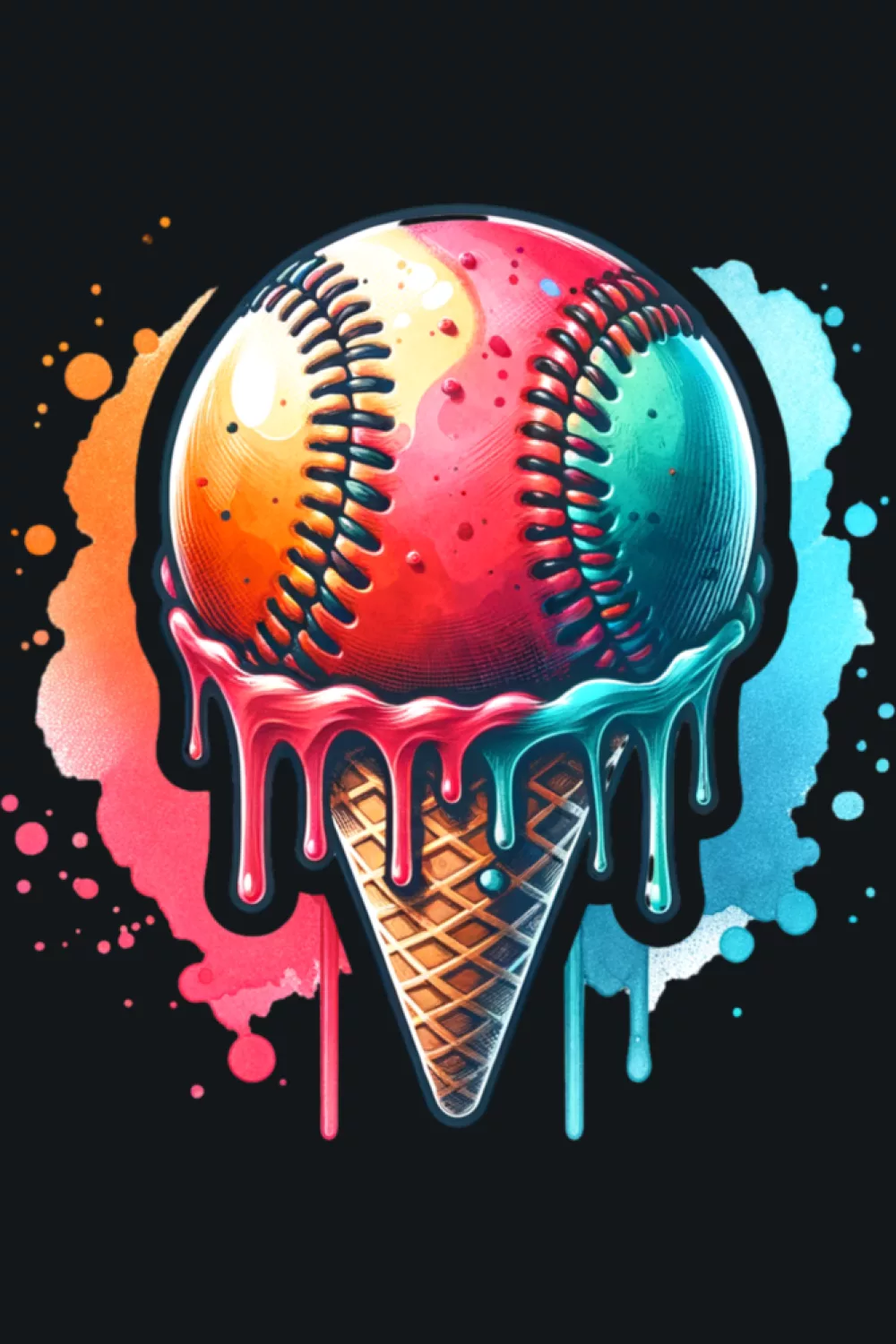 melting baseball ice cream cone with watercolor drips for hot summer game days