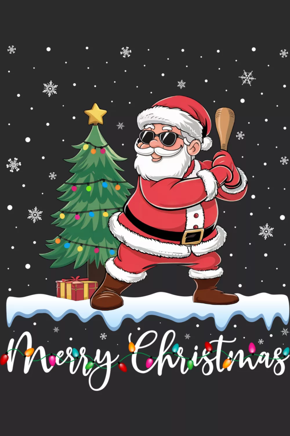 Santa playing baseball with Christmas lights ugly sweater