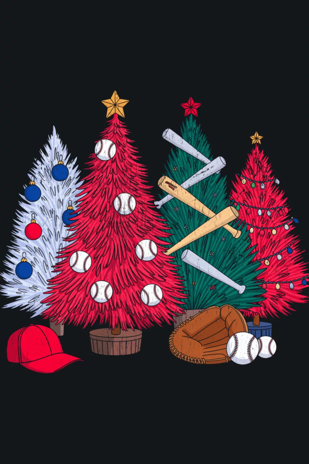 Compact baseball tree topped with a bold Santa hat and bright star.