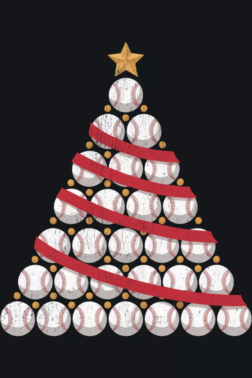 Stack of bright baseballs forming a tall narrow tree with a shining star.