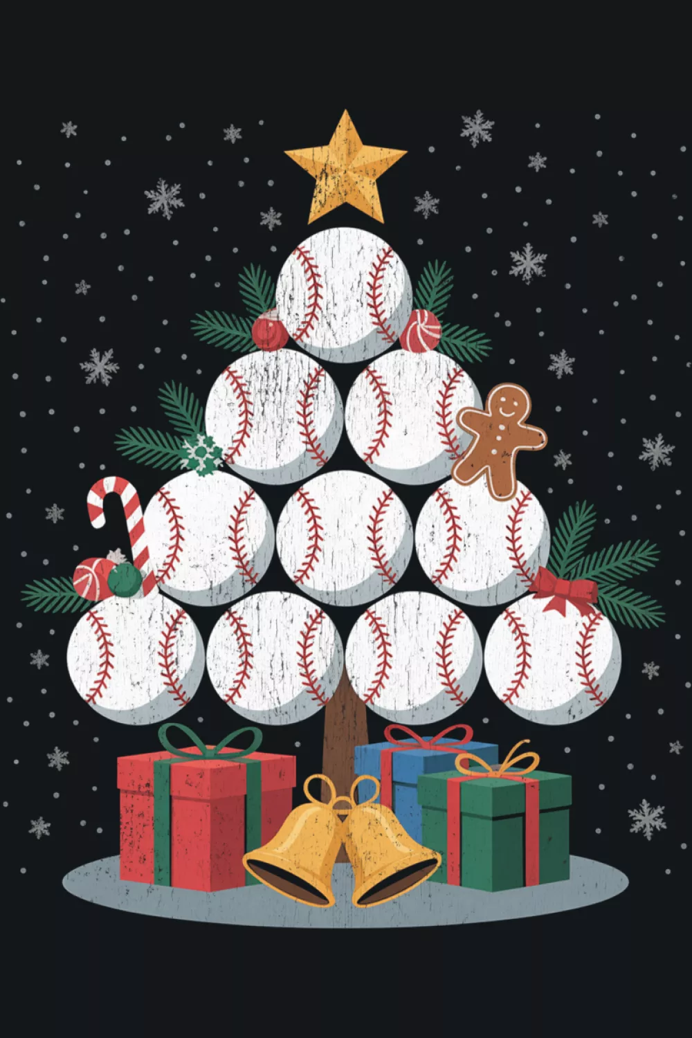 Wide triangle tree built from white balls in a soft golden glow.