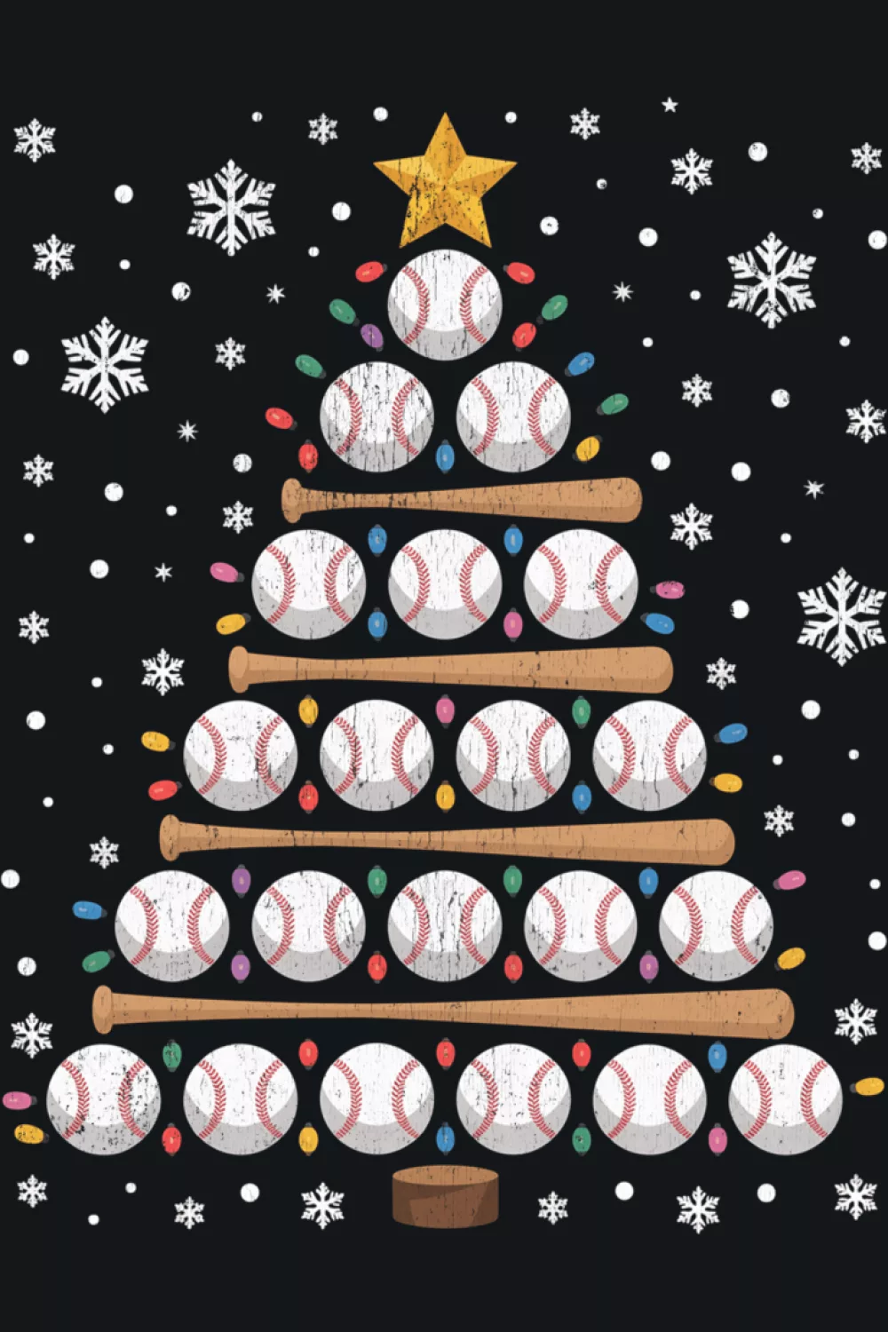 Chunky baseball tree with lights gathered around the trunk.