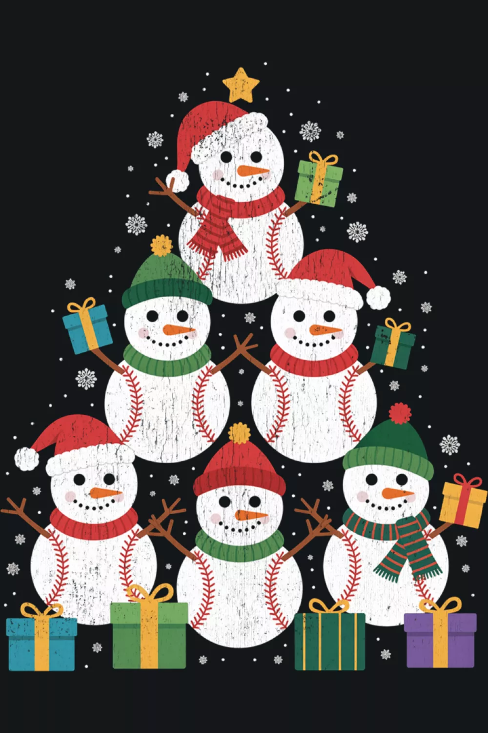 Snowmen shaped ornaments arranged as a baseball tree with a red cap at the peak.