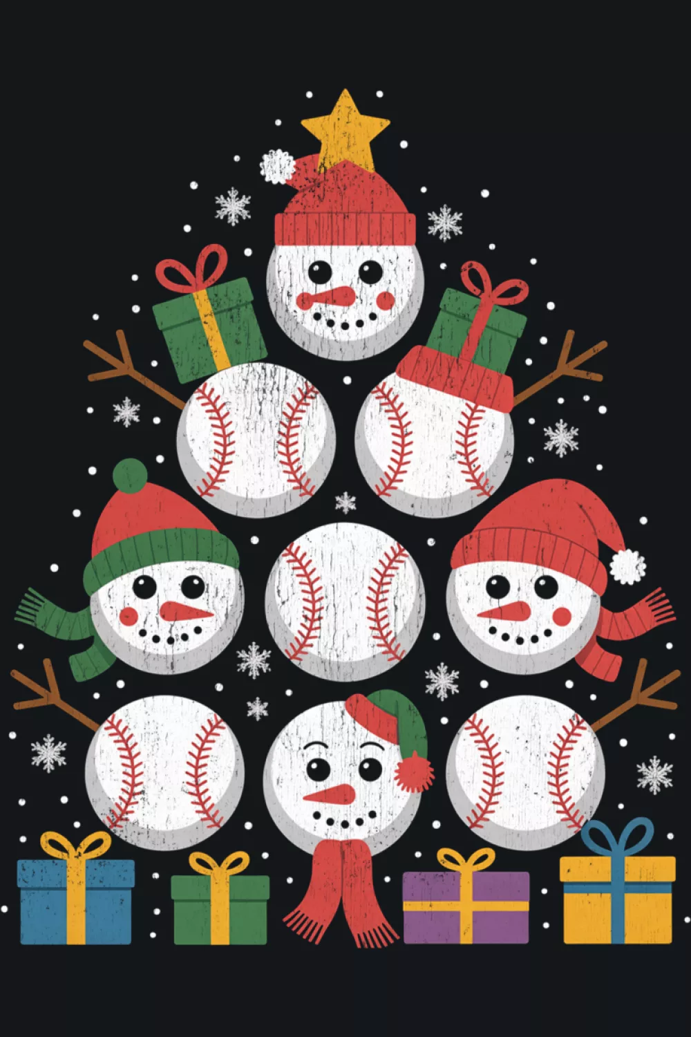 Cheerful snowman baseball tree with bright lights and a warm holiday glow.