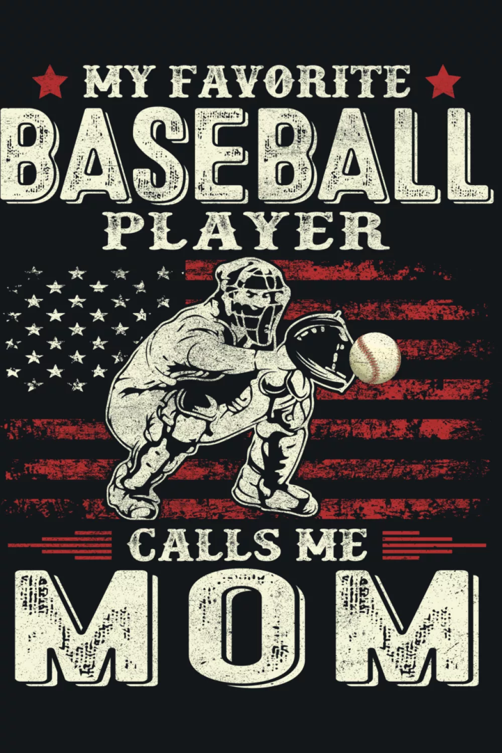 Patriotic baseball mom graphic with the phrase over a waving US flag and a game ready ball.
