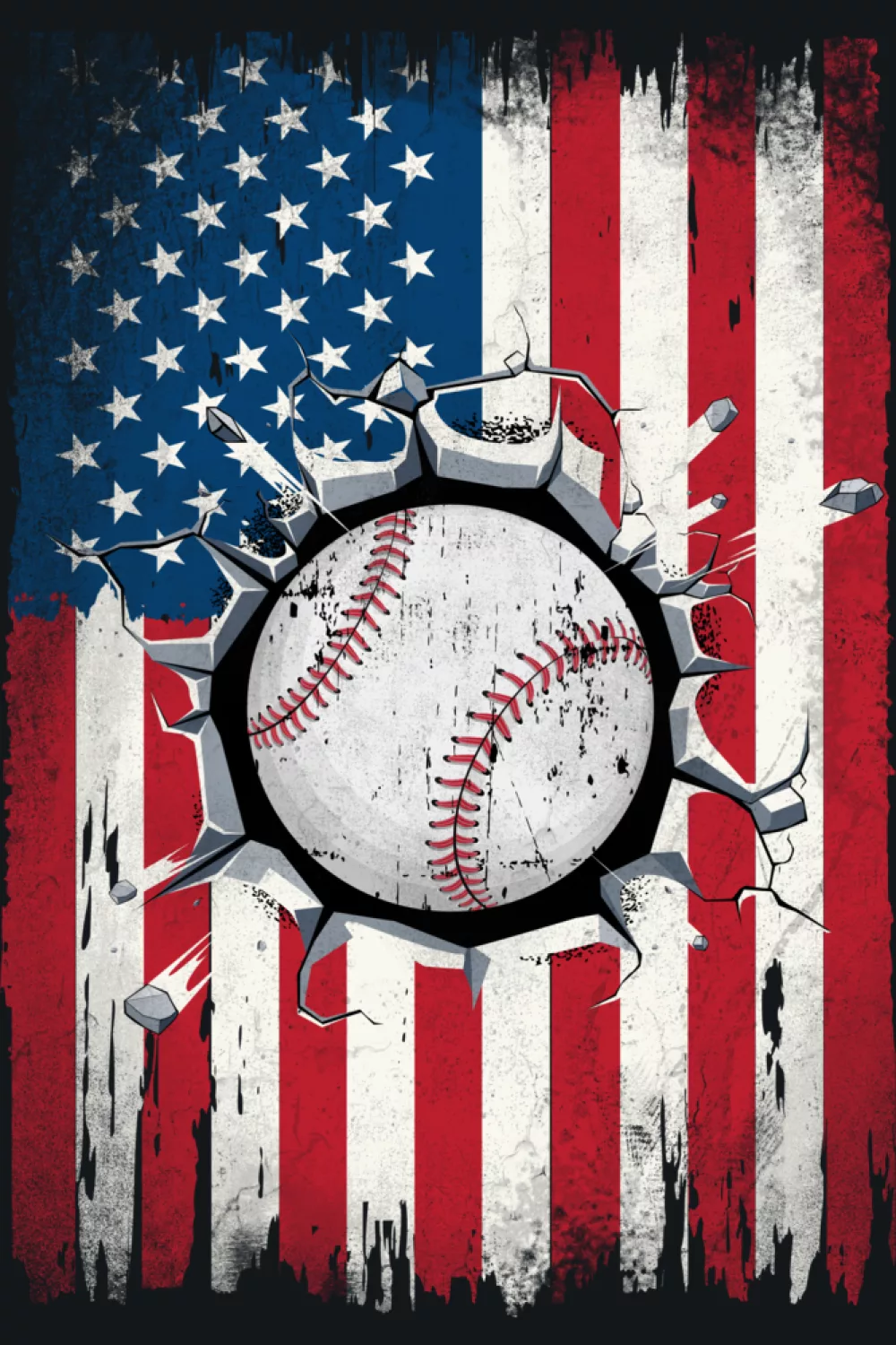 Close up baseball tearing through a weathered flag panel