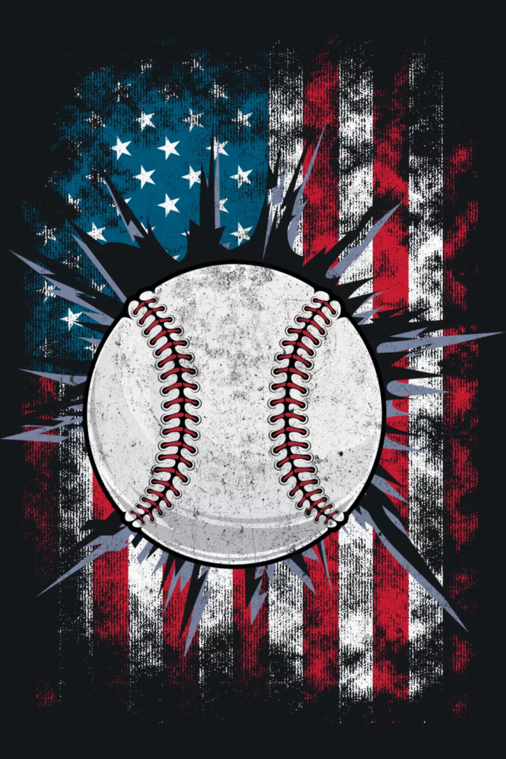 Patriotic baseball in front of tall flag stripes with light beams