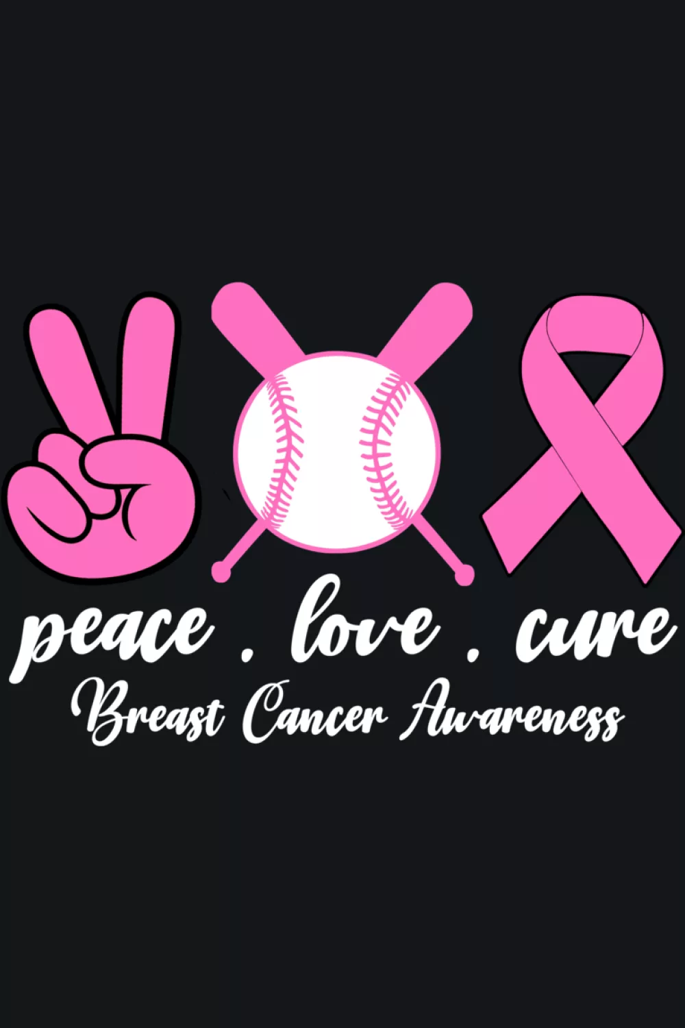 Pink ribbon peace love baseball art for awareness events