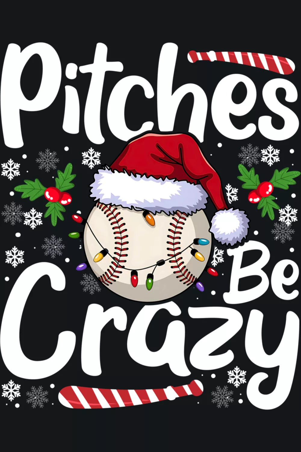 Baseball themed Pitches Be Crazy Christmas shirt with Santa hat and lights.
