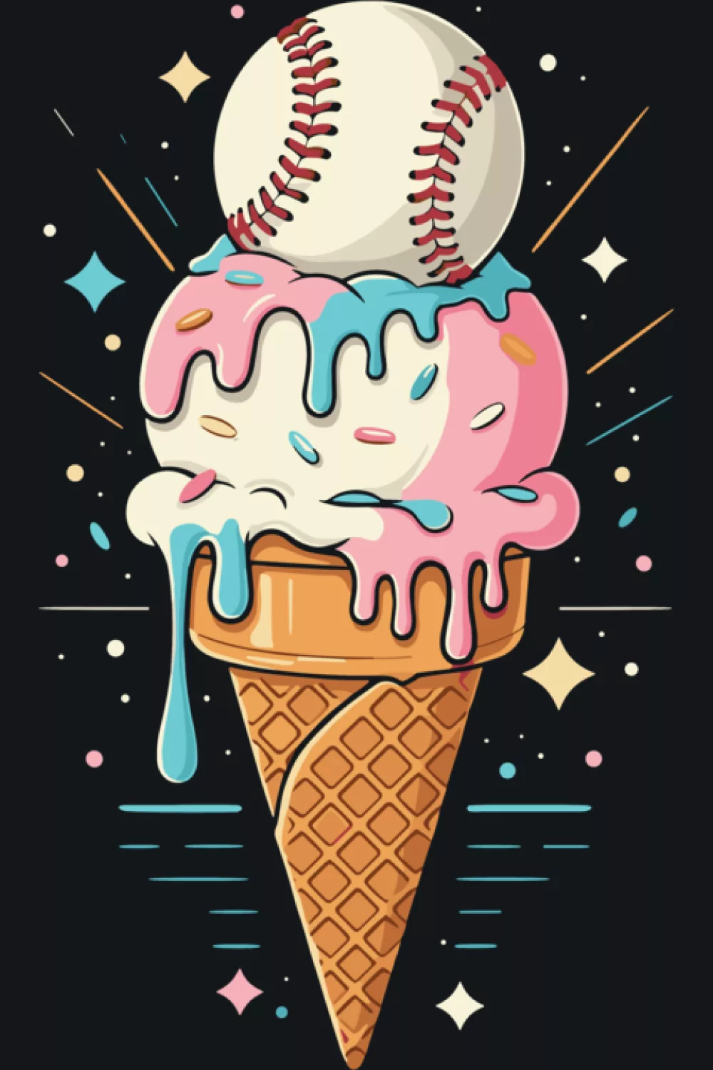 playful ice cream cone with baseball scoop and soft watercolor accents for summer outfits