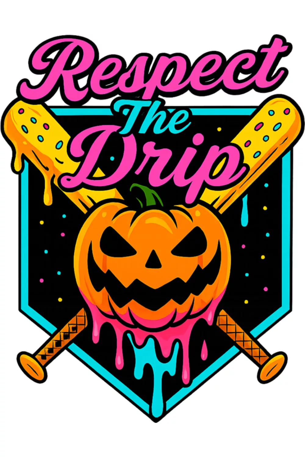 Neon pumpkin baseball crest with melting letters and playful candy colors