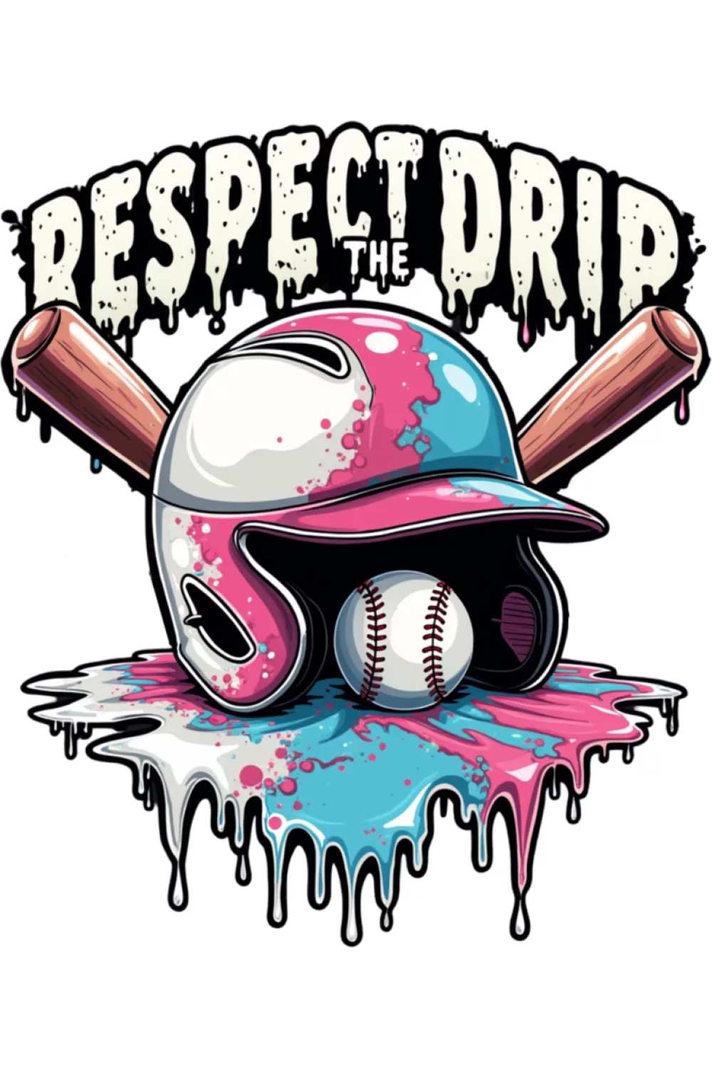 Bold neon lettering with a focused baseball set above city style stripes