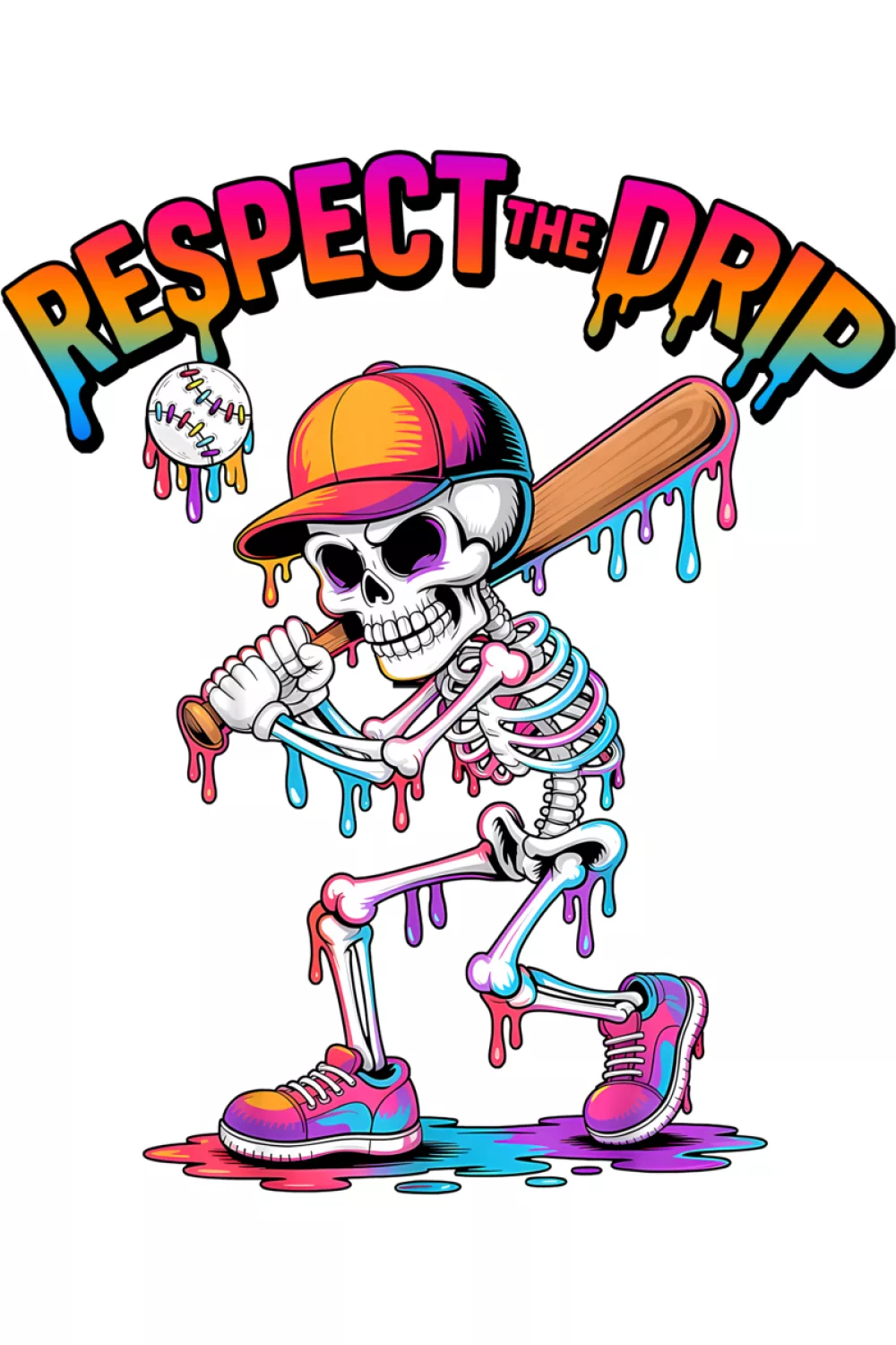 Playful skeleton holding a dripping baseball cone with bright sprinkles