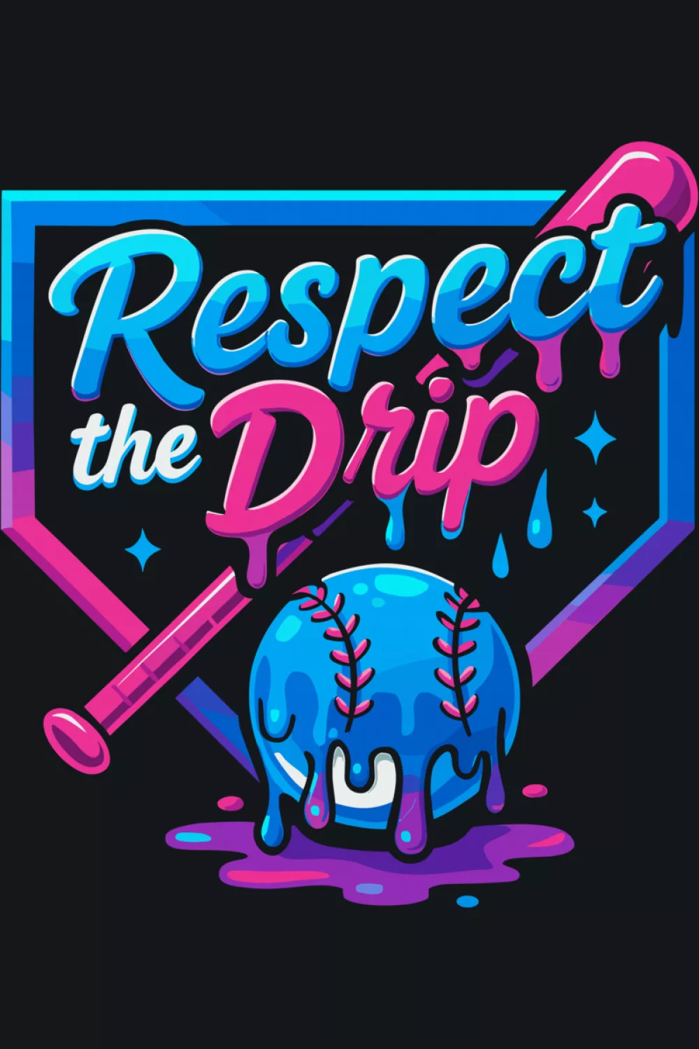 Dynamic ball graphic with motion lines and stacked drip wording