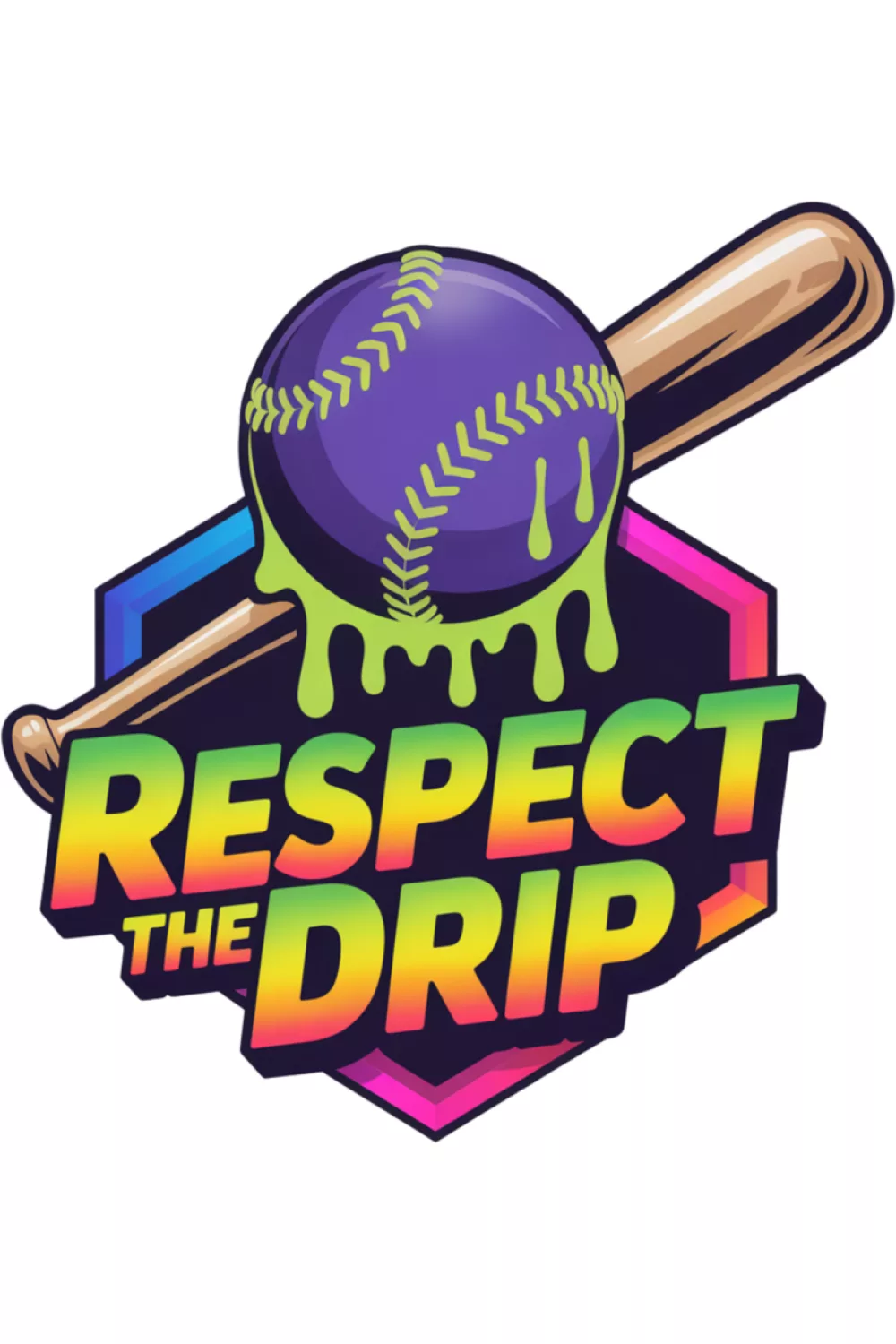 Color blocked baseball crest in neon shades with drips at the bottom