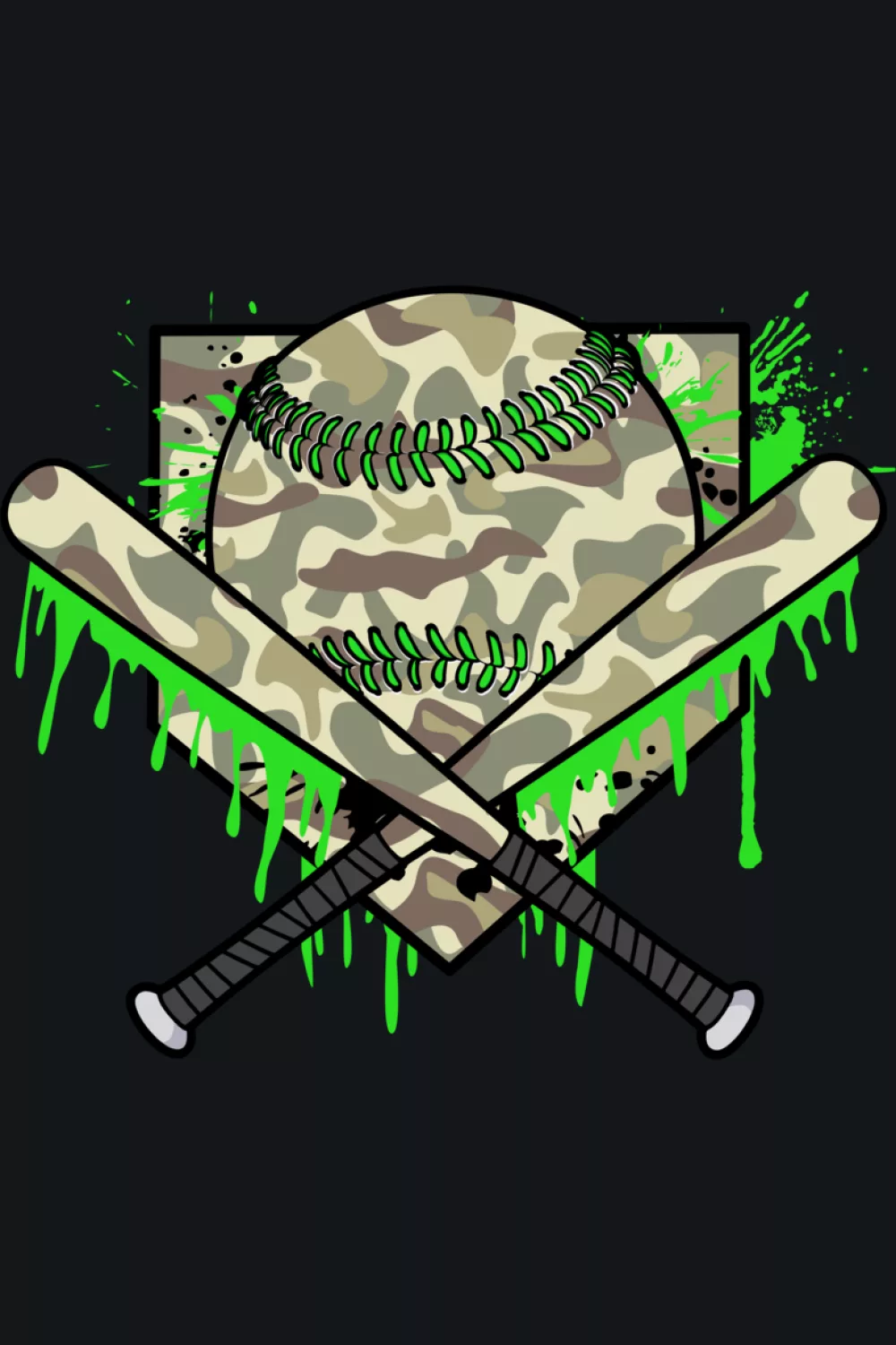 Retro camo baseball badge with vintage style script and drip
