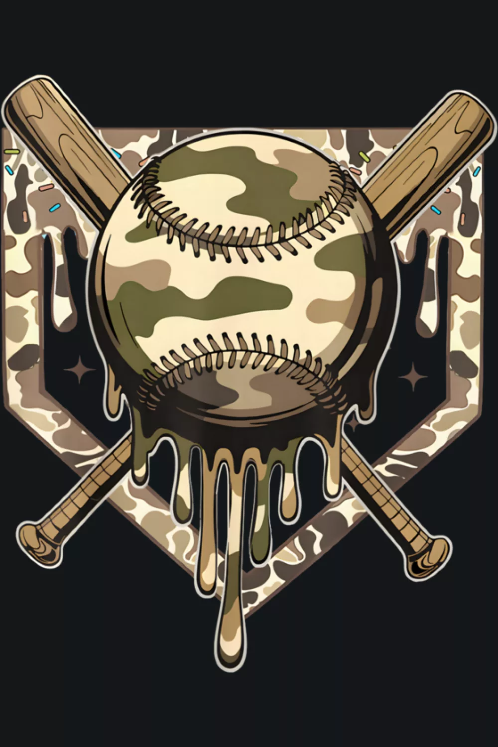 Retro camo baseball emblem with heavy drip and bold frame