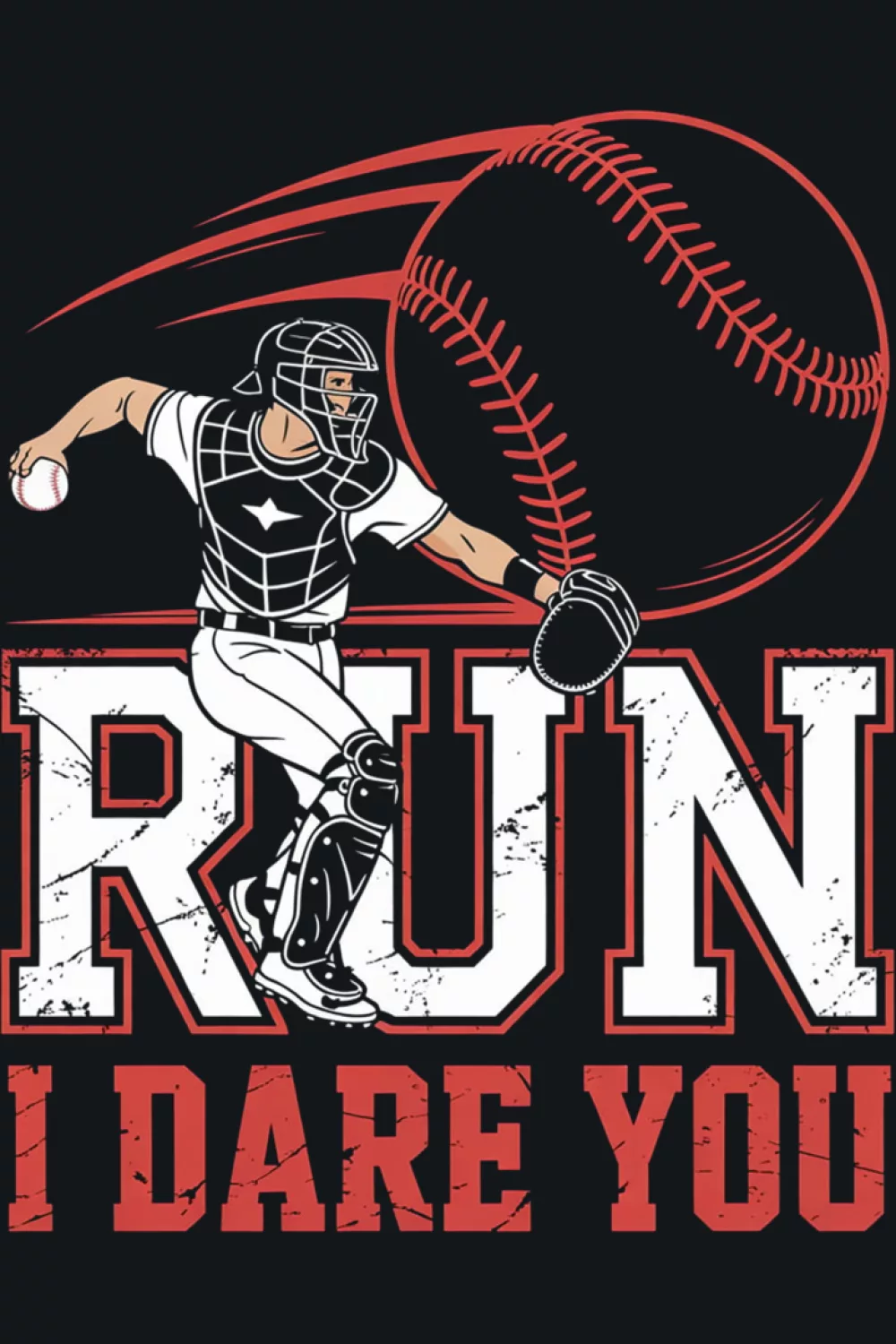 Catcher leaning forward in strong diagonal line with text