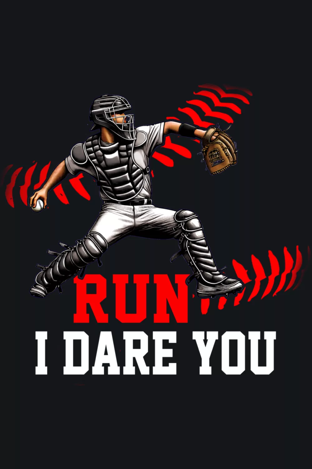 Catcher framed by curved red seams around the wording