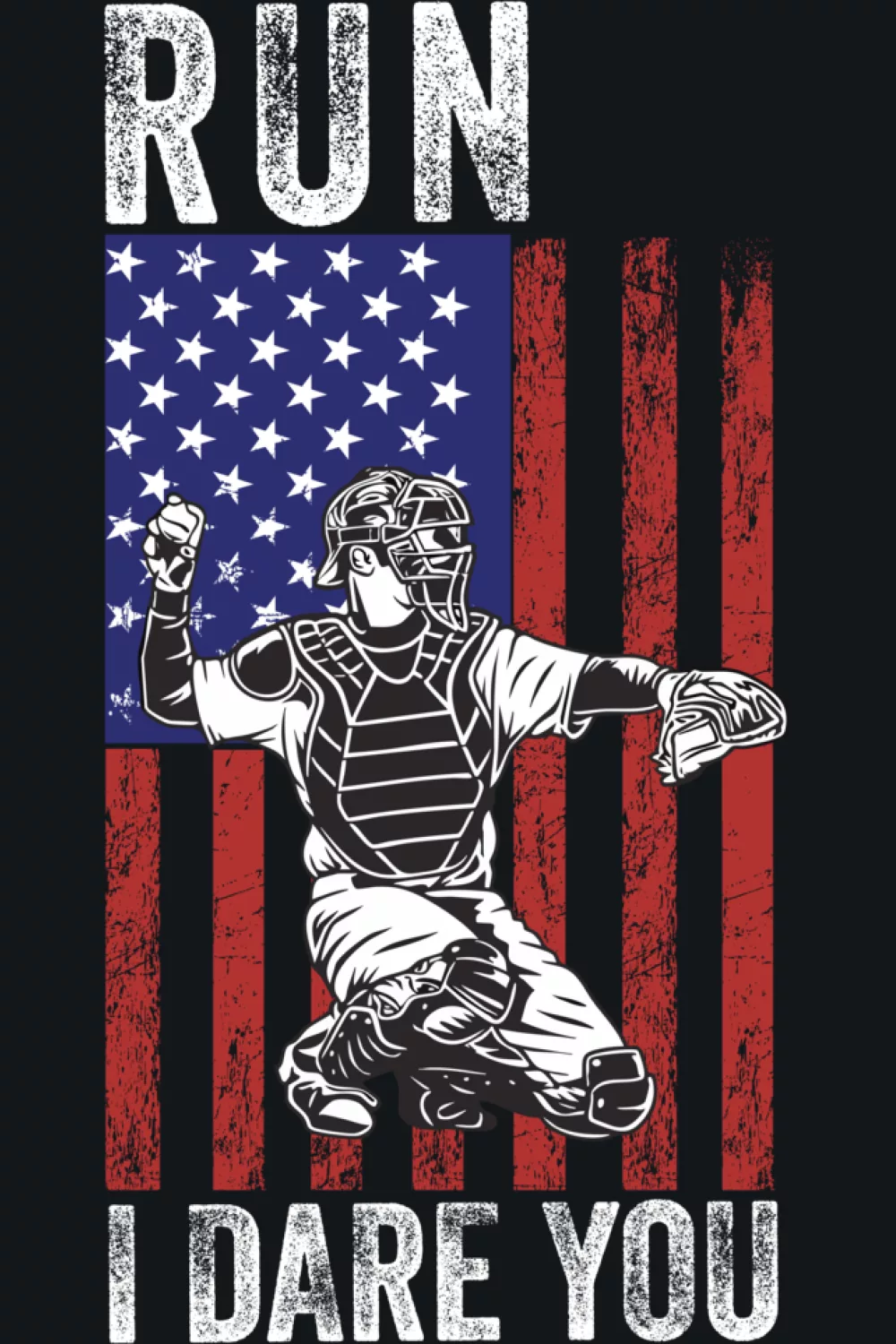 Catcher standing in front of flag stripes with message