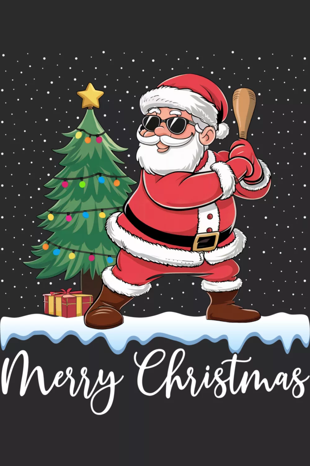 Santa playing baseball with Christmas tree lights ugly sweater