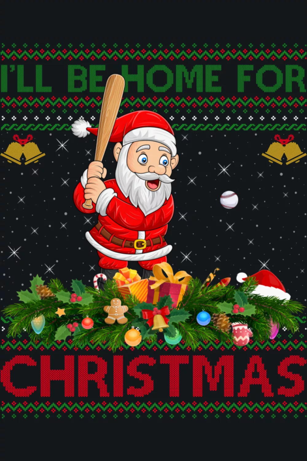 Santa playing baseball ugly Xmas sweater style scene