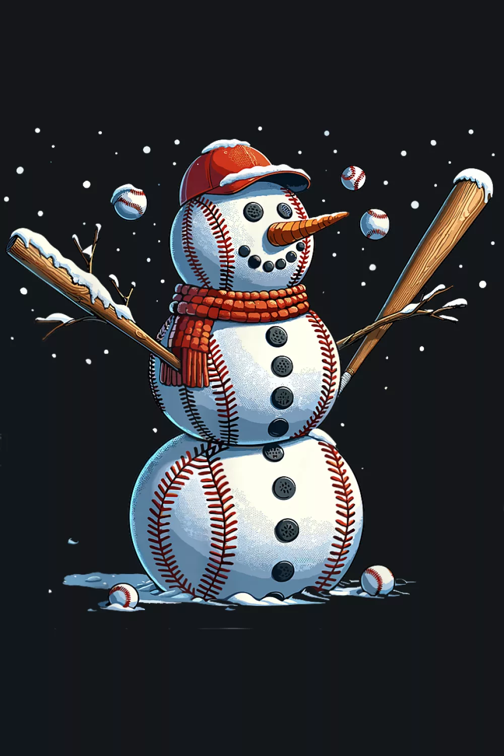 Snowman stepping through winter scene with bat
