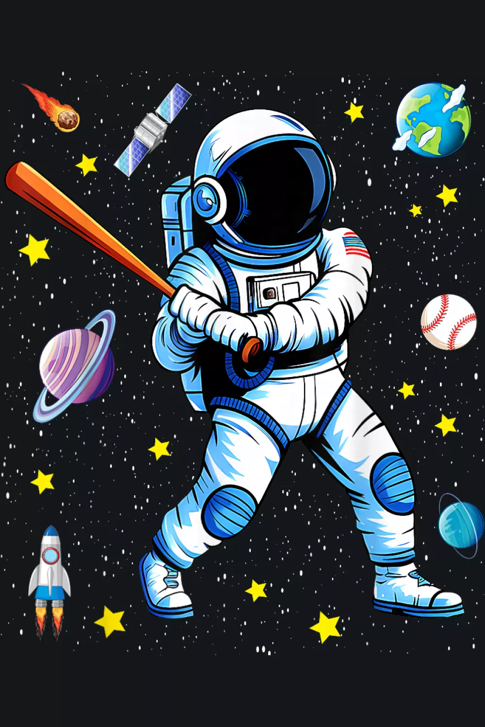 Blue suit batter framed by floating balls and tiny stars