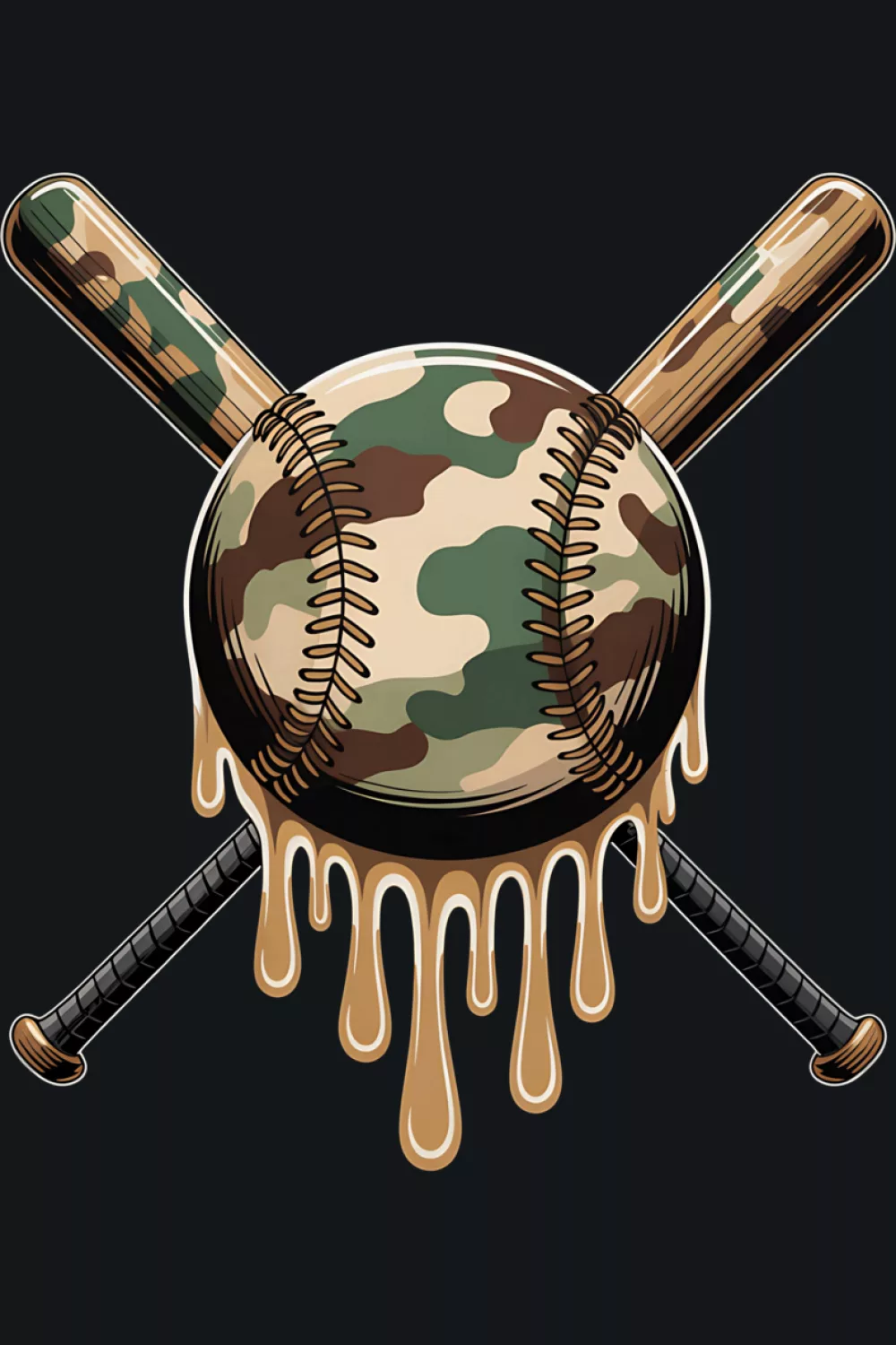 Sports camo crest with crossed bats and drip over a dark field